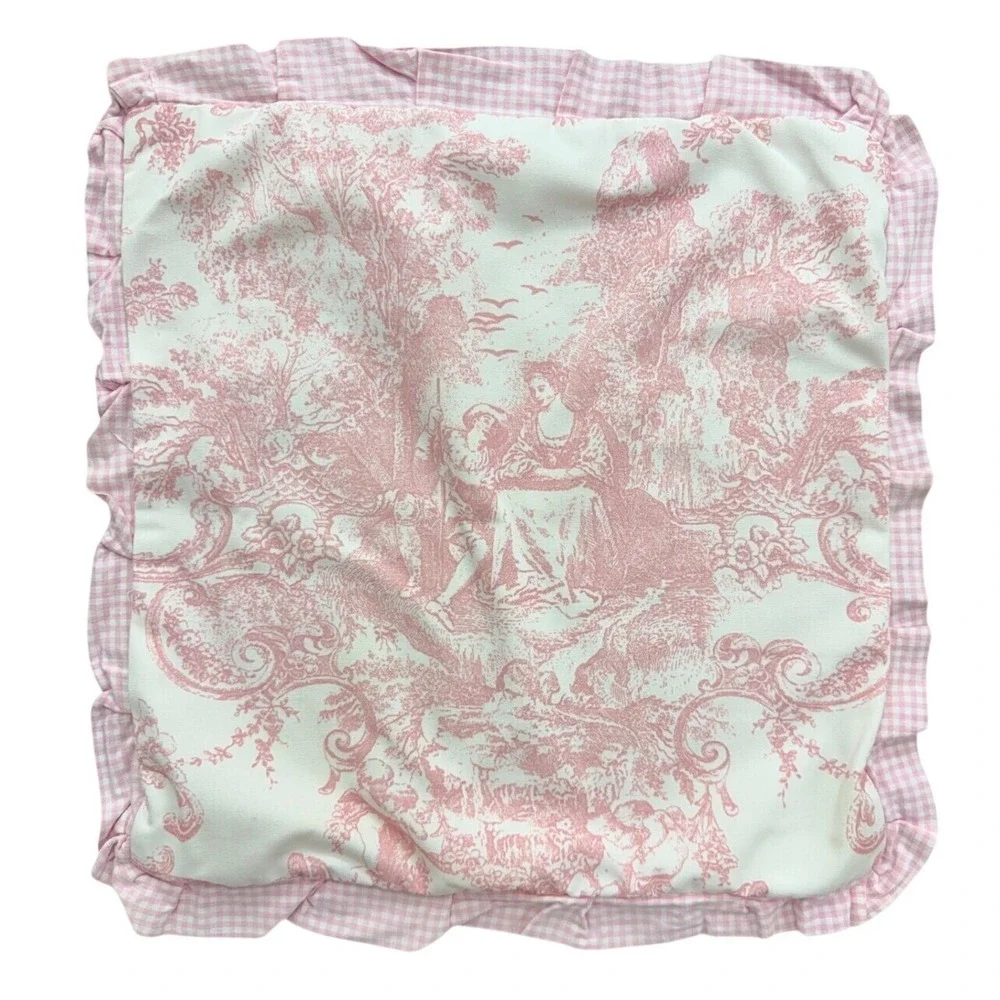 Pillow Cover Home 16x16 Pink Toile Gingham Ruffle Cottagecore Decor Nursery